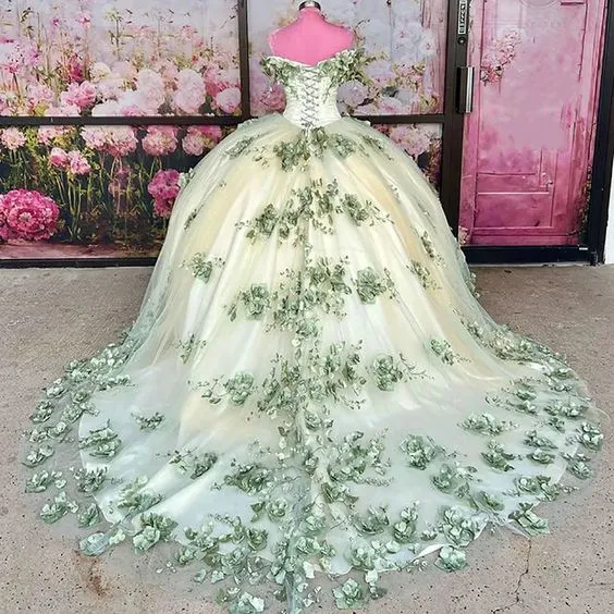 2024 New Sage Green Quinceanera Dress Plus Size 3D Flowers Pearls Prom Dresses       fg4422