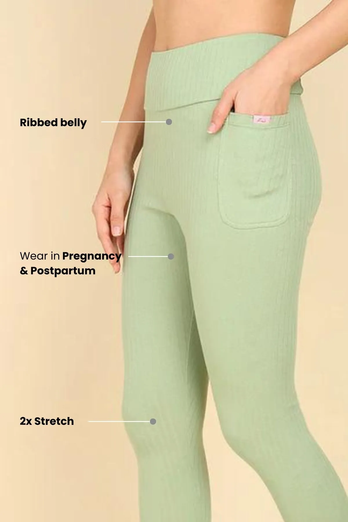 All Over Ribbed Cotton Pistachio Green Mom Legging