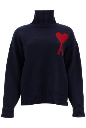 AMI PARIS Cozy Heart Motif Wool Turtleneck Sweater