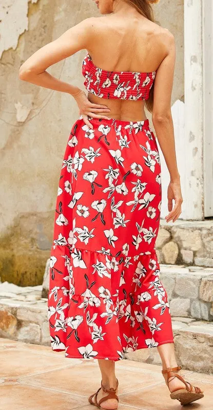 ANNVA 2 Piece Flare Floral Skirt with Strapless Top Set