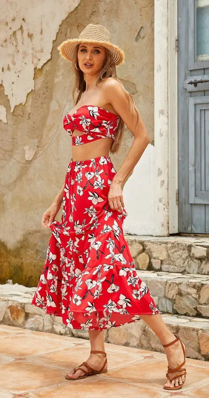 ANNVA 2 Piece Flare Floral Skirt with Strapless Top Set