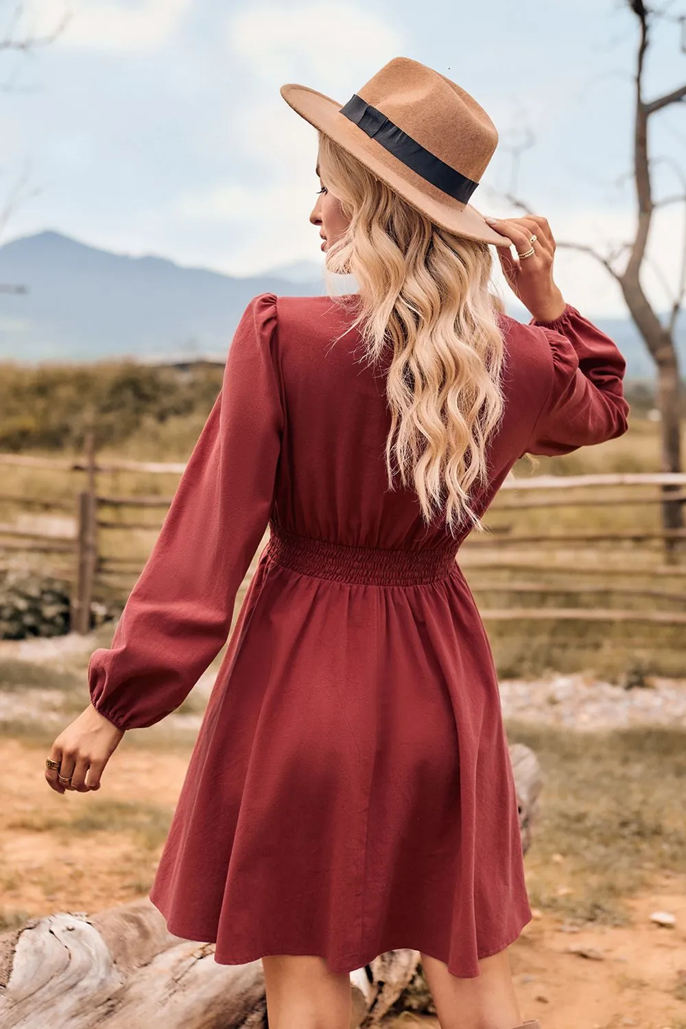 *APP EXCLUSIVE* Vneck Long Sleeve Smocked Waist Mini Dress