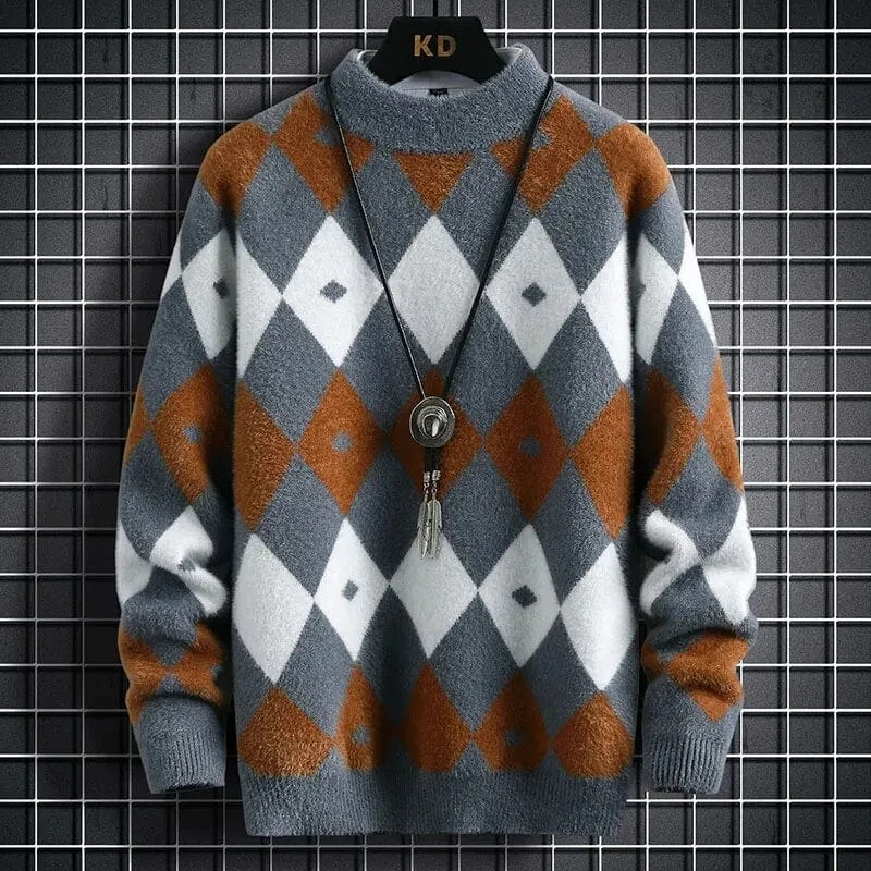 Argyle Sweater - Elevate Your Style: Colour-Blocked Half Turtleneck Warm Sweater - Long Sleeve Loose Knit Pullover