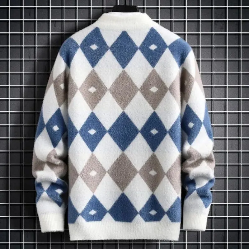 Argyle Sweater - Elevate Your Style: Colour-Blocked Half Turtleneck Warm Sweater - Long Sleeve Loose Knit Pullover