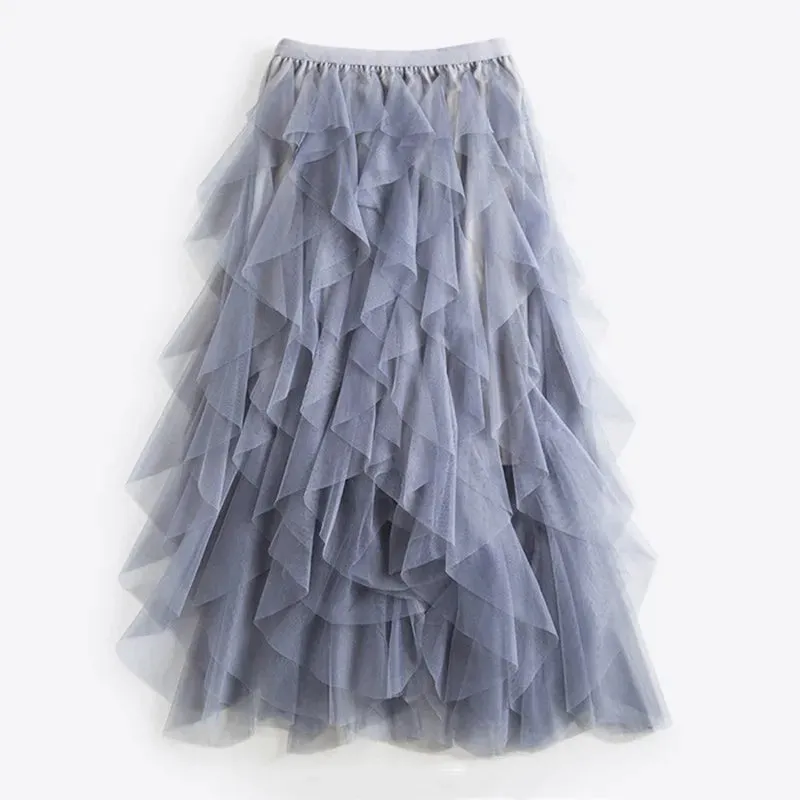 Asymmetrical Mesh Skirts For Women High Waist Ankle Length Skirts Female Elegant Korean Fashion Clothing