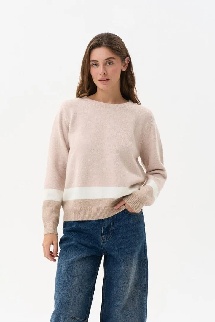 Beige Color Block Knit Sweater