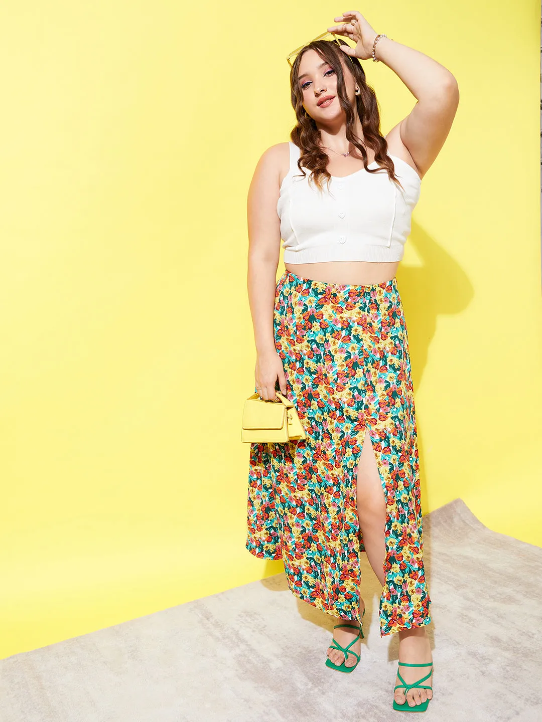 Berrylush Women Plus Size Red, Yellow, & Green Floral Printed Crepe Slip-On Thigh-High Slit Flared A-Line Midi Skirt