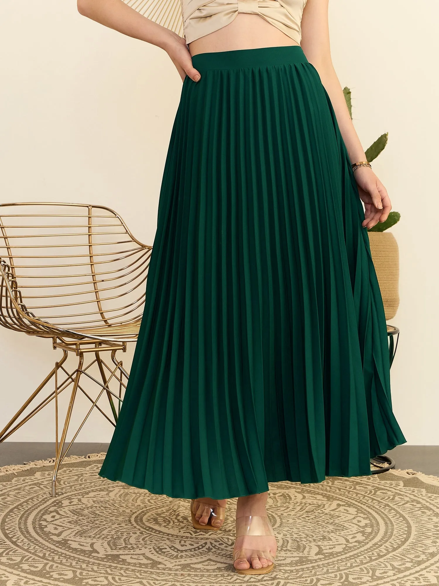 Berrylush Women Solid Green High-Rise Waist Zipper-Up Straight Hem Pleated Maxi Skirt