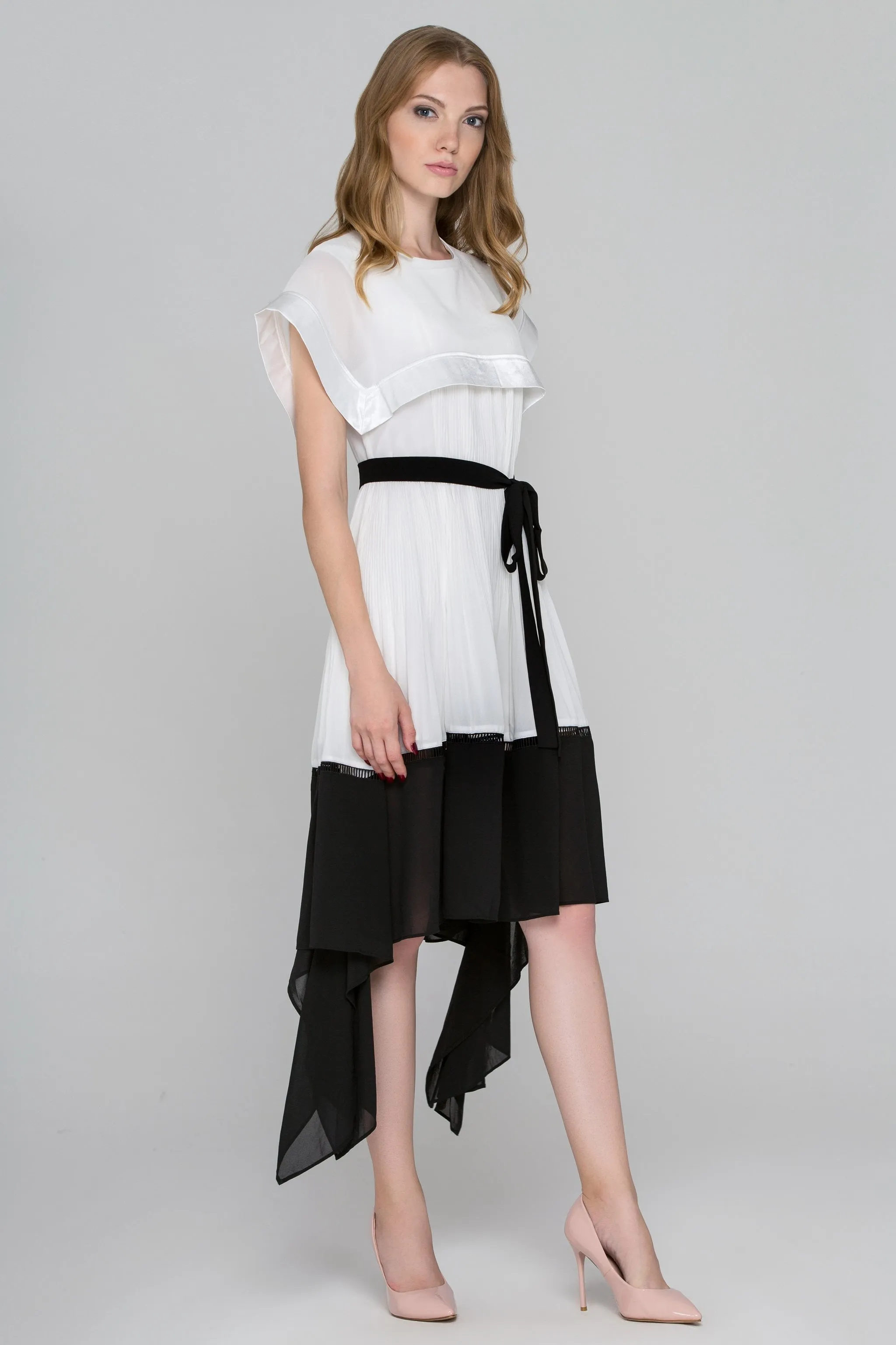 Black and White Sailor Collar Chiffon Midi Dress