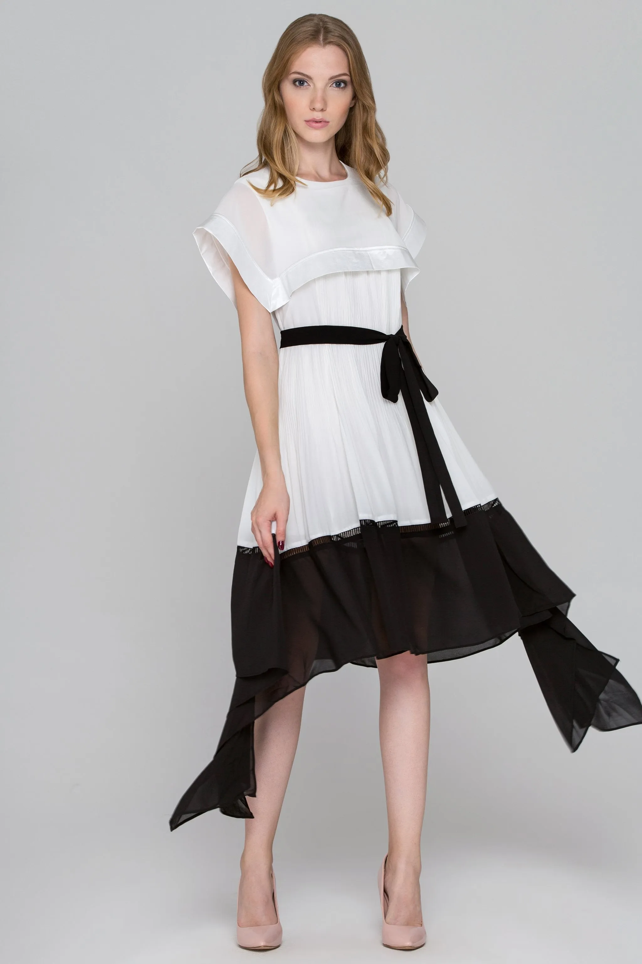 Black and White Sailor Collar Chiffon Midi Dress