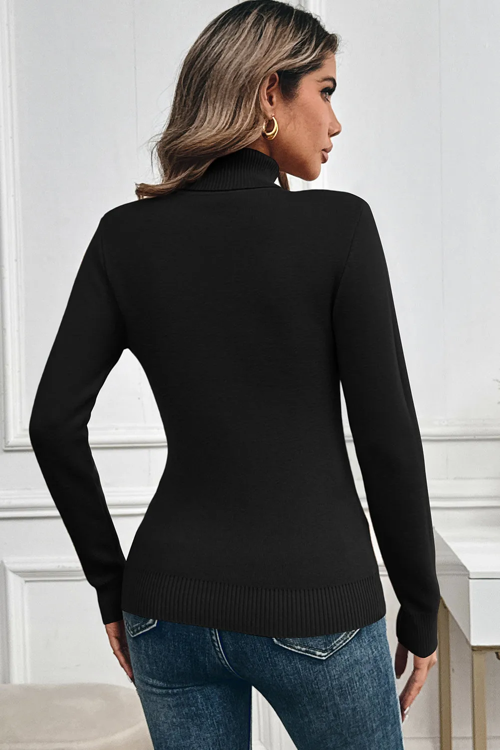 Black Knit Fleece Lined Turtleneck Thermal Slim Fit Top