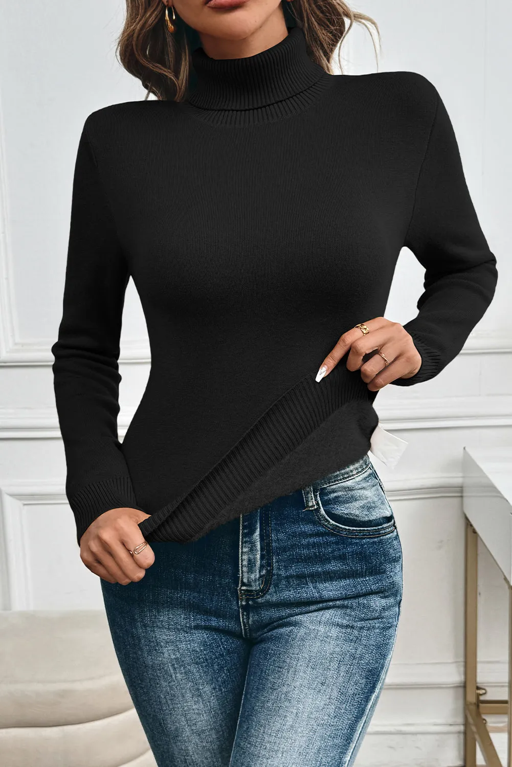 Black Knit Fleece Lined Turtleneck Thermal Slim Fit Top