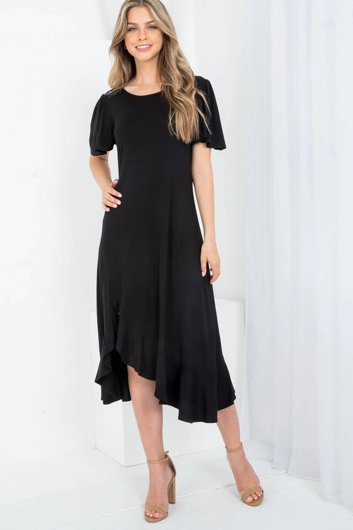 BLACK ROUND NECKLINE RUFFLE SLEEVE ASYMETRIC DRESS