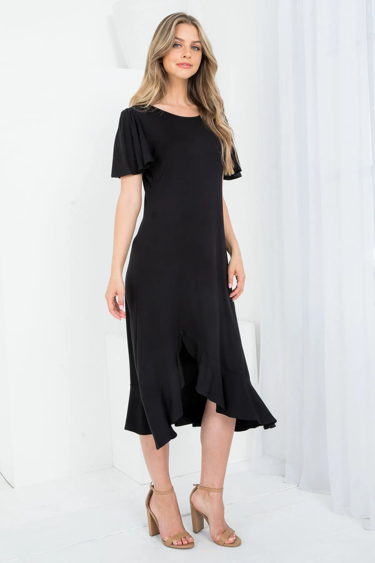 BLACK ROUND NECKLINE RUFFLE SLEEVE ASYMETRIC DRESS