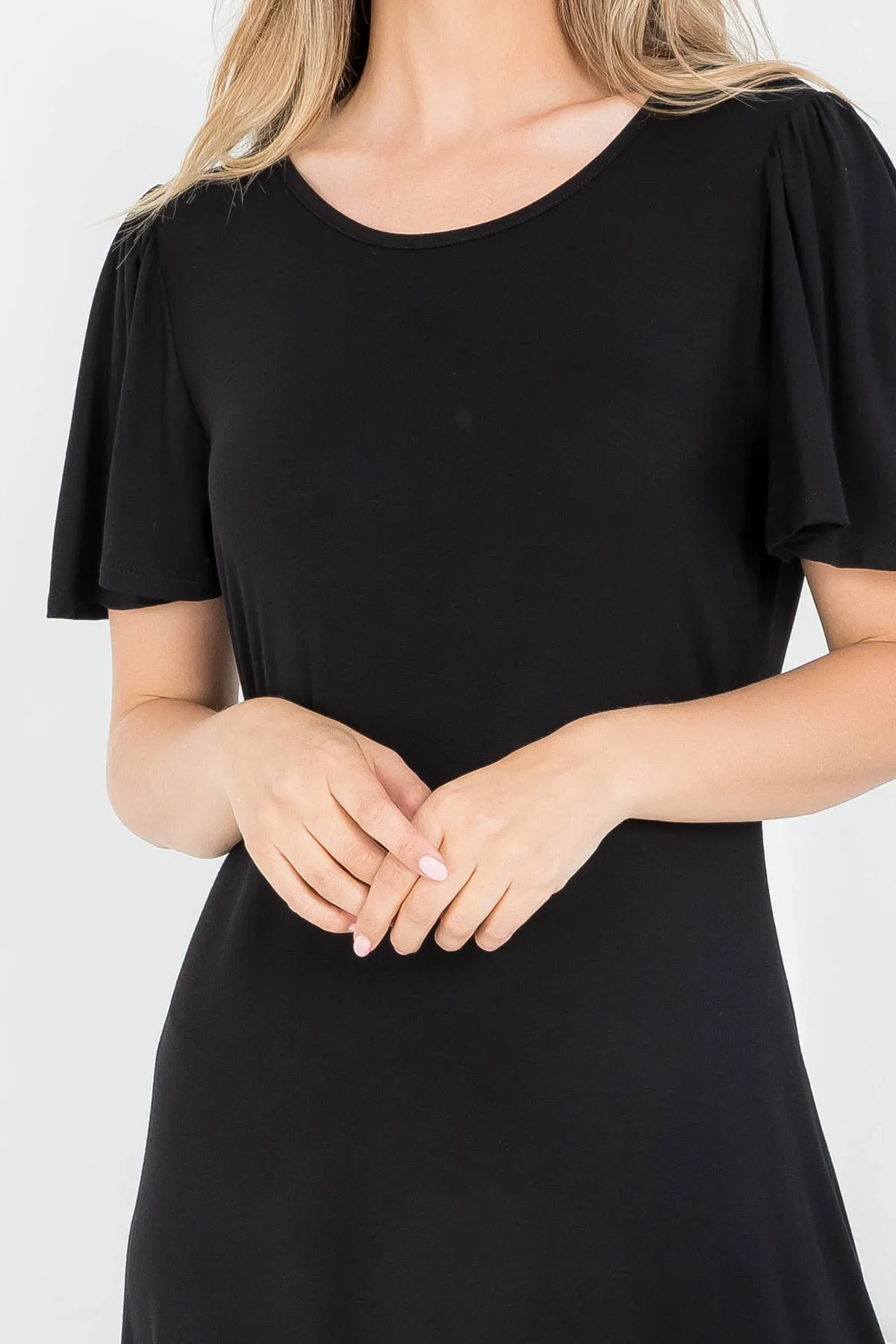 BLACK ROUND NECKLINE RUFFLE SLEEVE ASYMETRIC DRESS