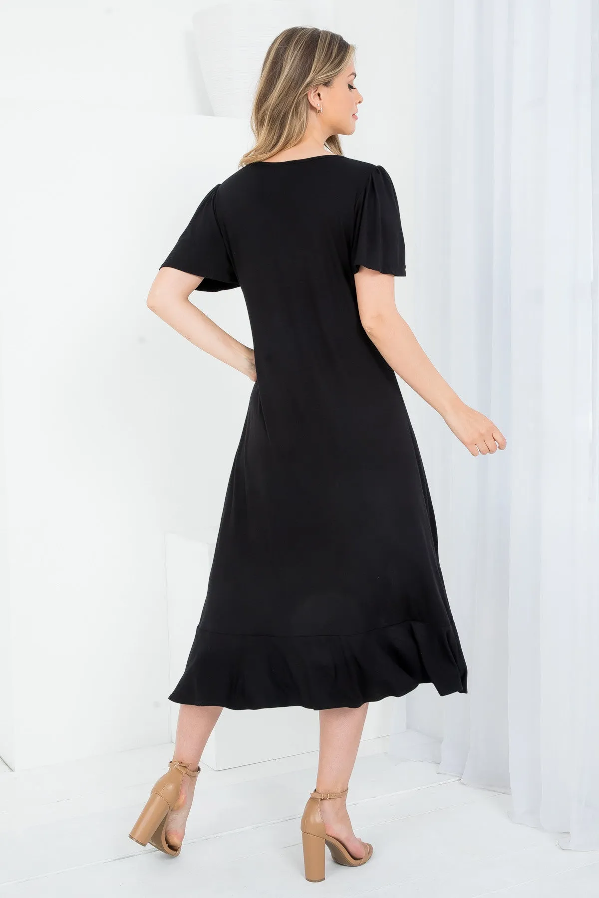 BLACK ROUND NECKLINE RUFFLE SLEEVE ASYMETRIC DRESS