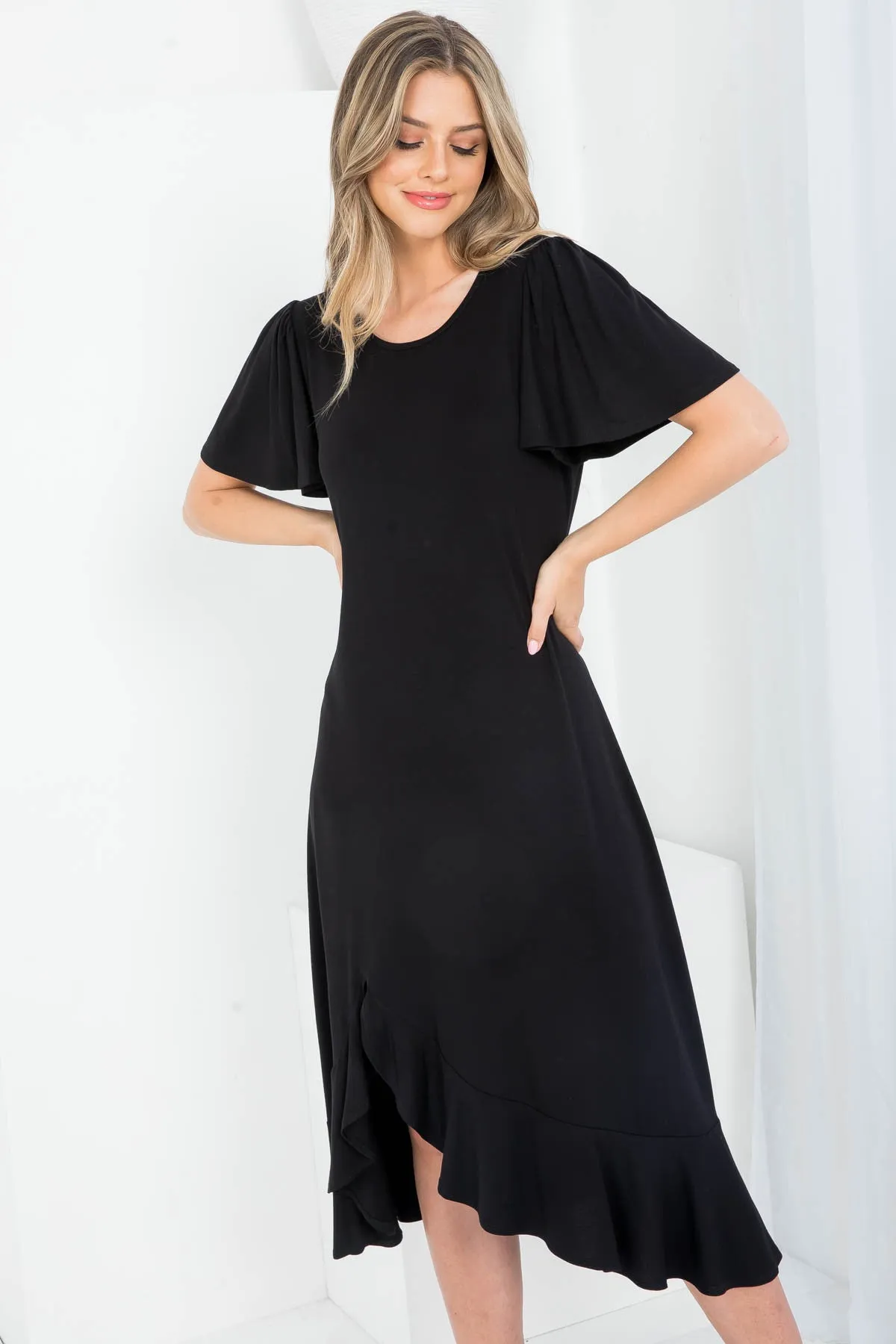 BLACK ROUND NECKLINE RUFFLE SLEEVE ASYMETRIC DRESS