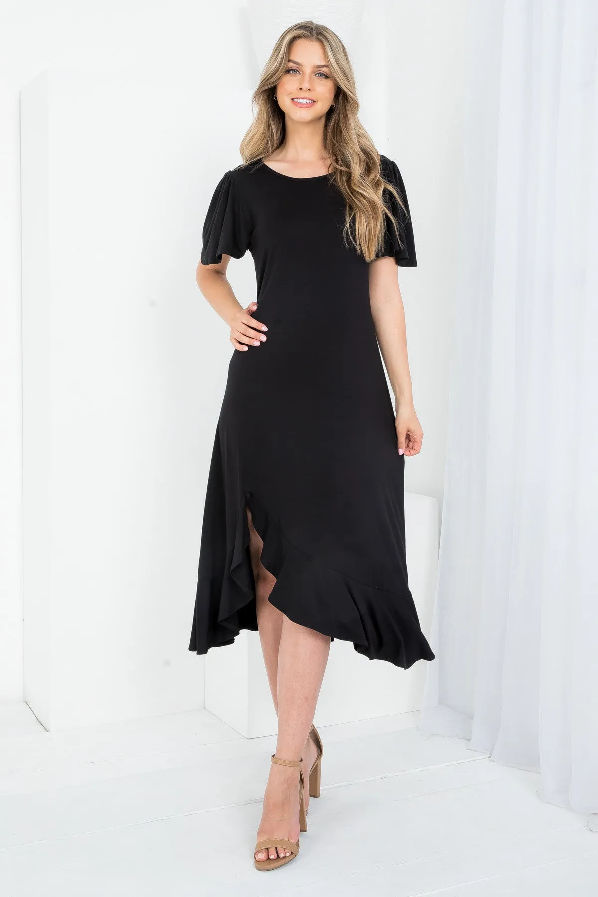 BLACK ROUND NECKLINE RUFFLE SLEEVE ASYMETRIC DRESS