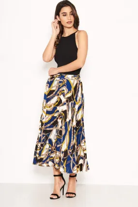 Blue Pleated Midi Skirt With Chain Print