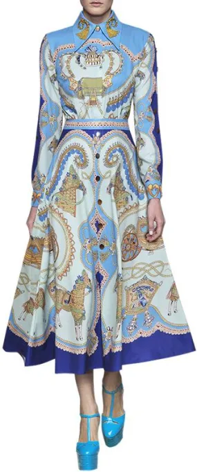 Blue Vintage-Printed Shirt & Button-Embellished Skirt Set