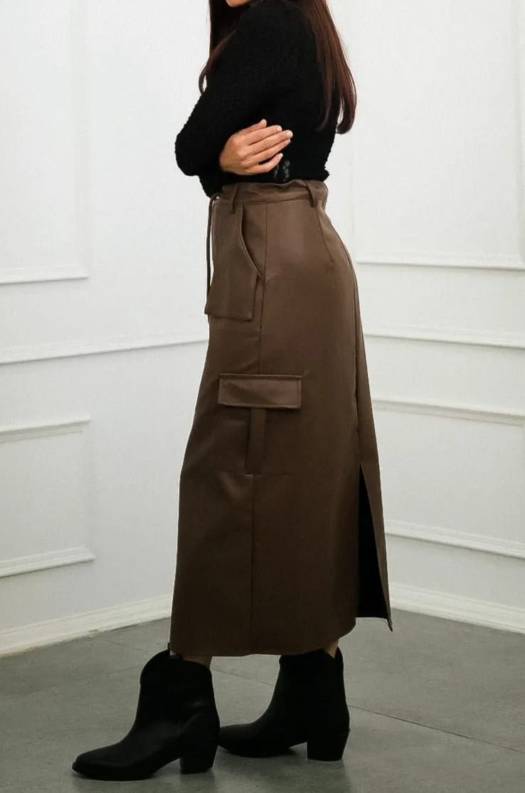 Brown Faux Leather Cargo Skirt