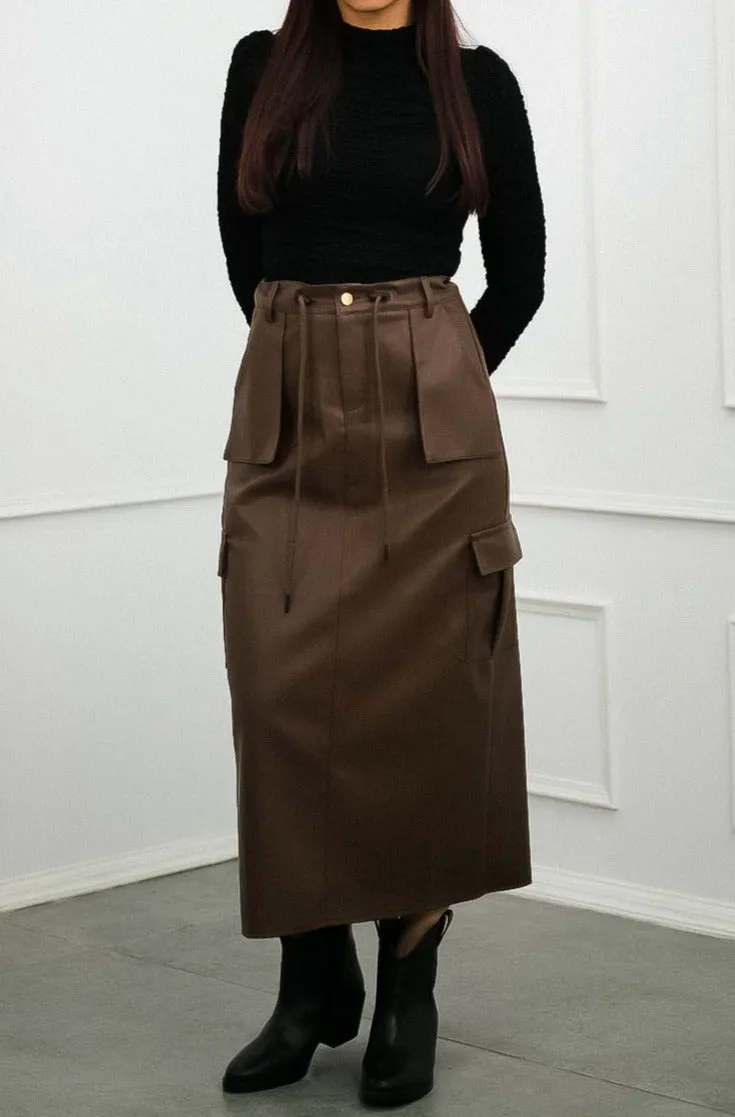 Brown Faux Leather Cargo Skirt