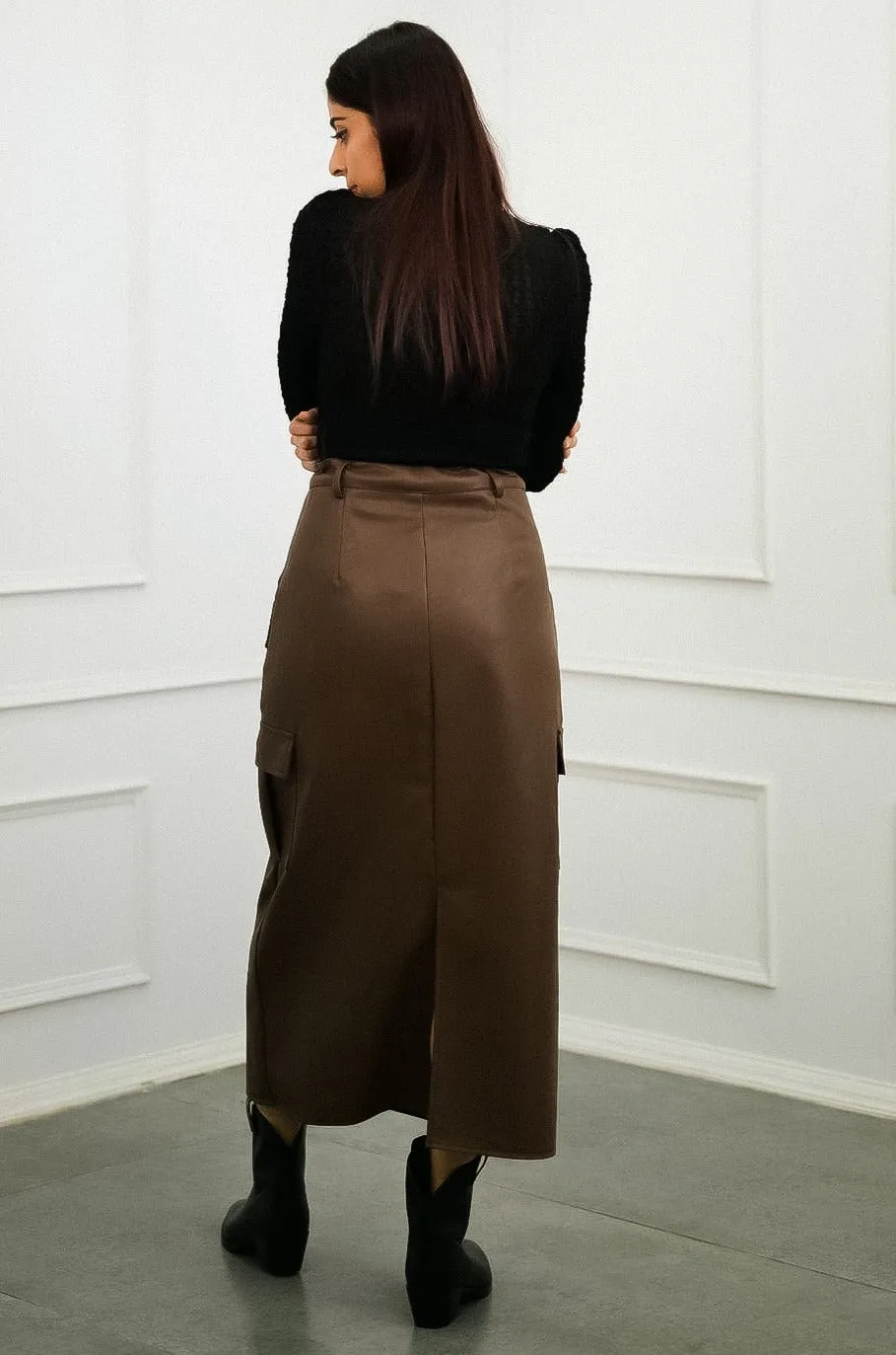 Brown Faux Leather Cargo Skirt