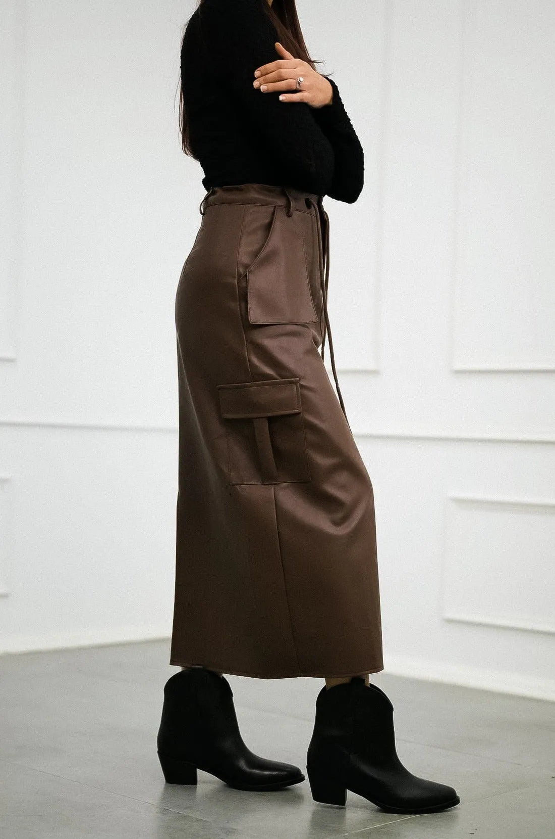 Brown Faux Leather Cargo Skirt