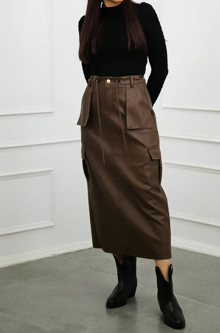 Brown Faux Leather Cargo Skirt