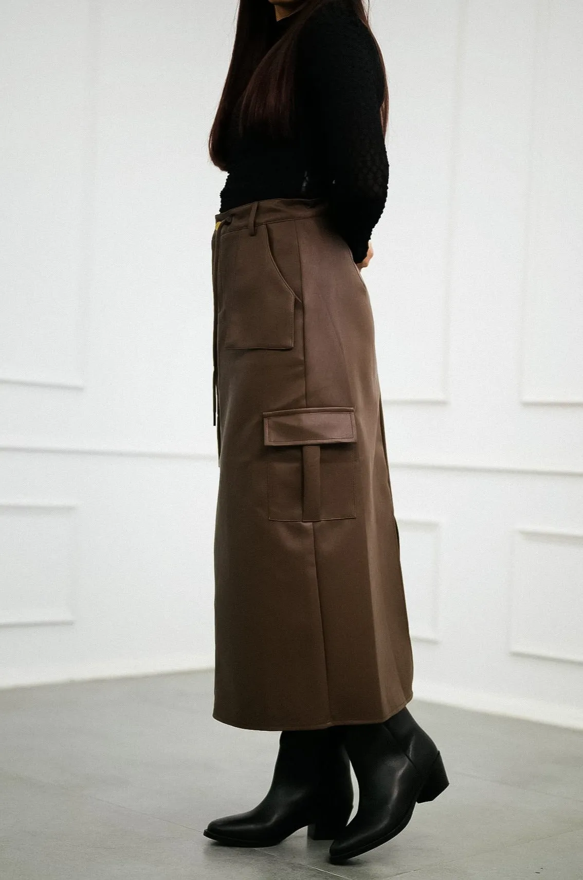 Brown Faux Leather Cargo Skirt