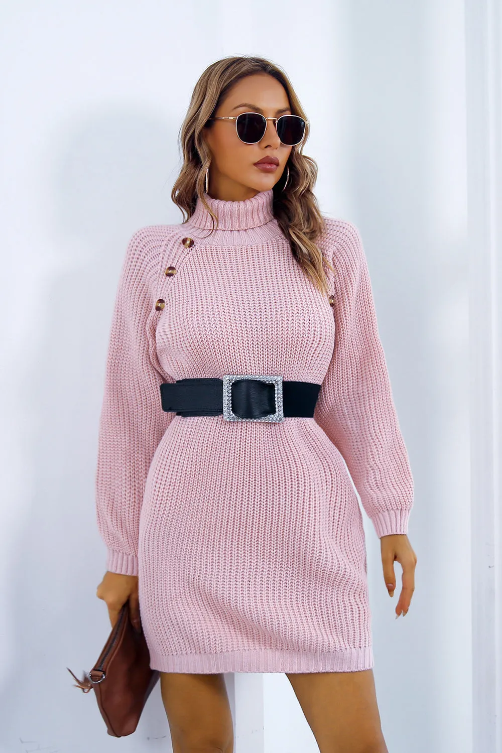 Buttoned Turtleneck Long Sleeve Mini Sweater Dress