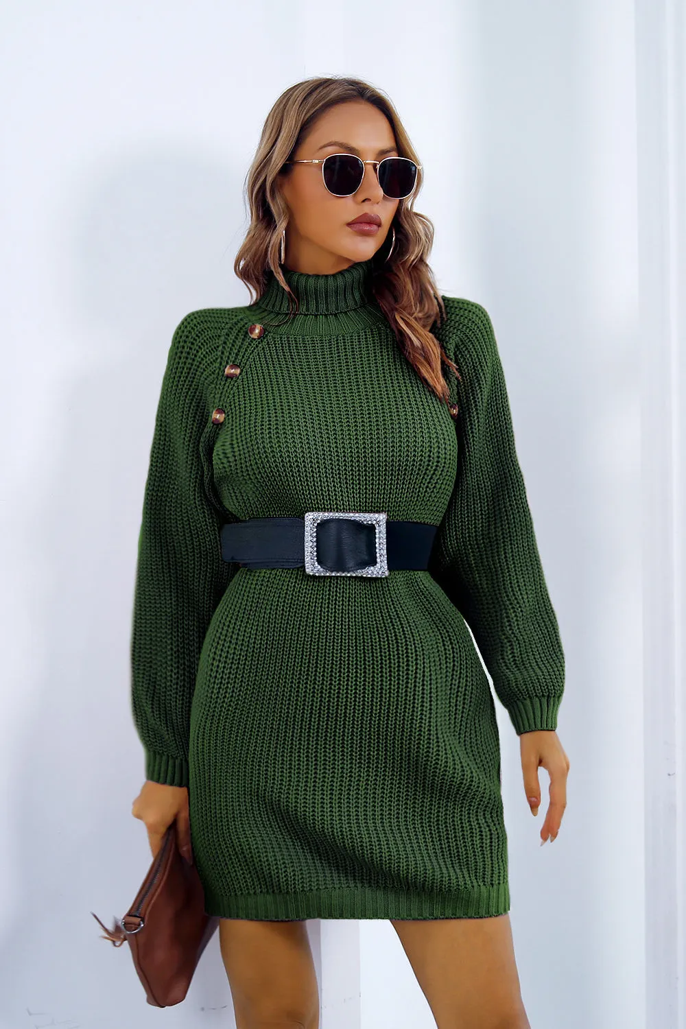 Buttoned Turtleneck Long Sleeve Mini Sweater Dress