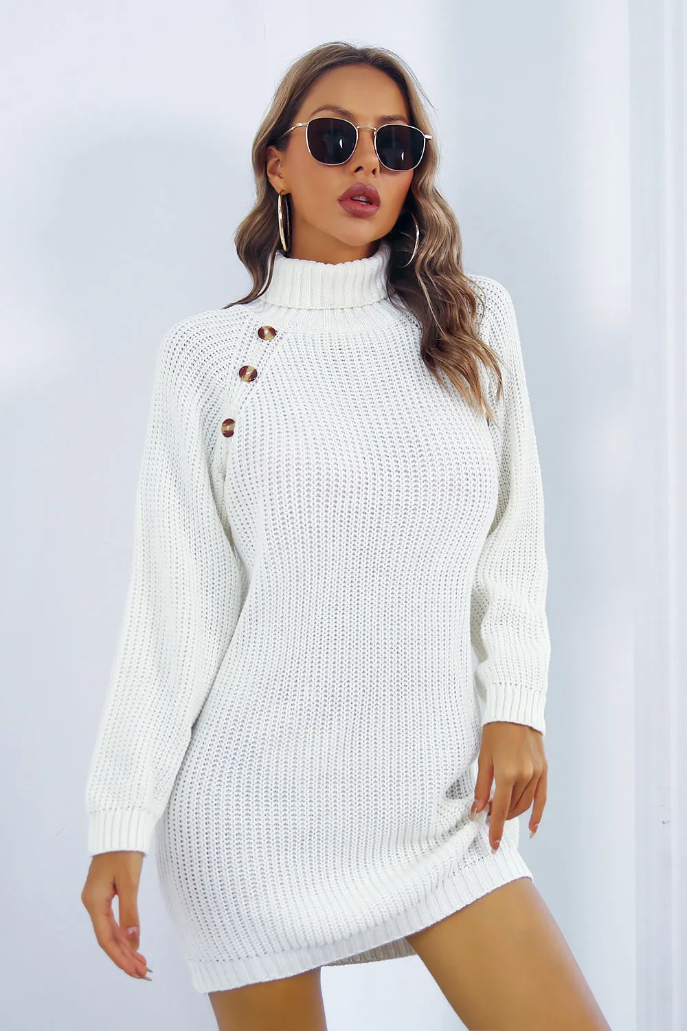 Buttoned Turtleneck Long Sleeve Mini Sweater Dress