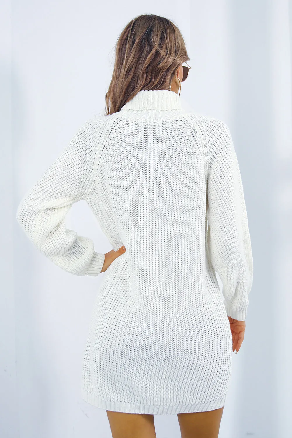 Buttoned Turtleneck Long Sleeve Mini Sweater Dress