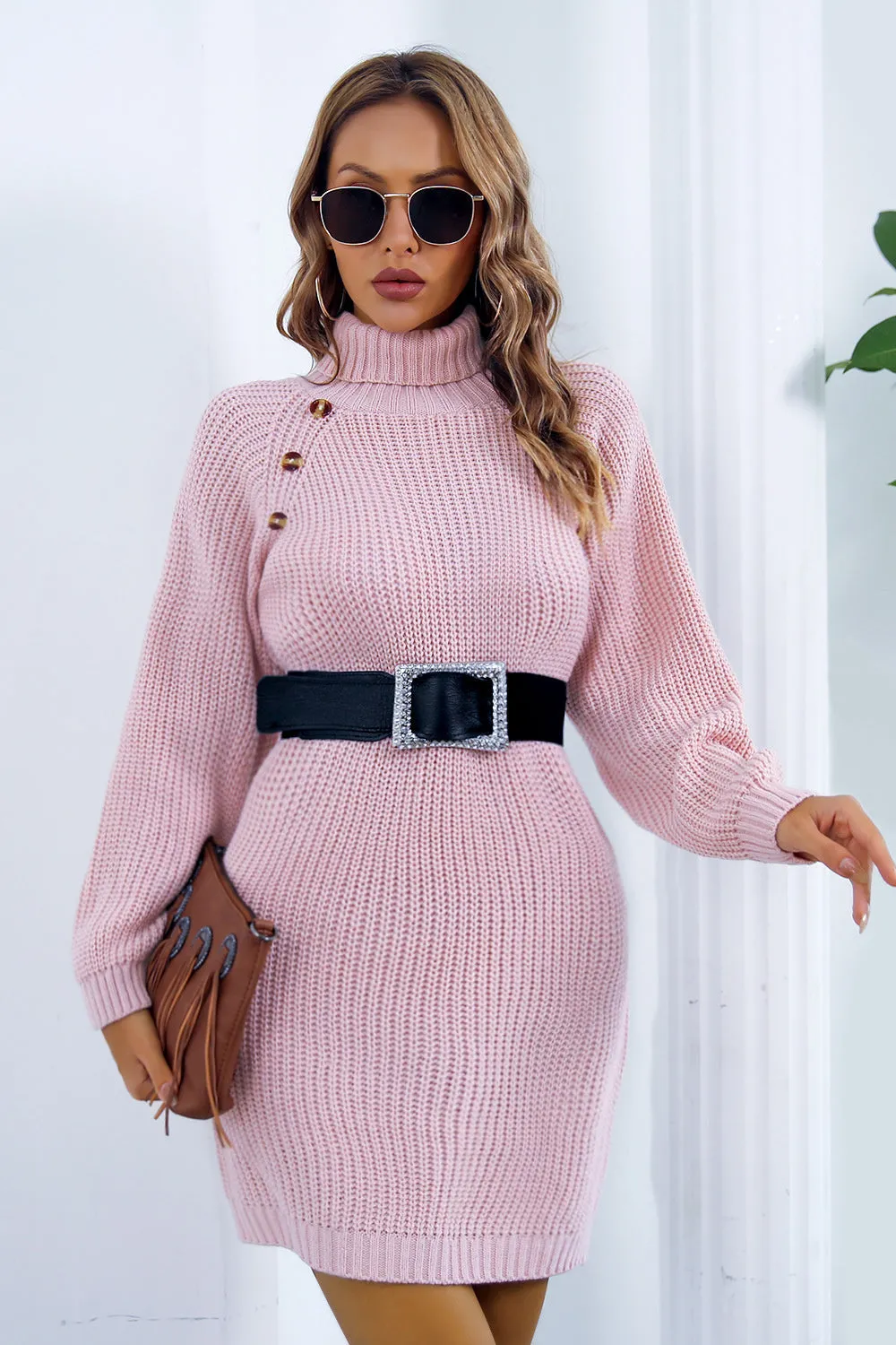 Buttoned Turtleneck Long Sleeve Mini Sweater Dress