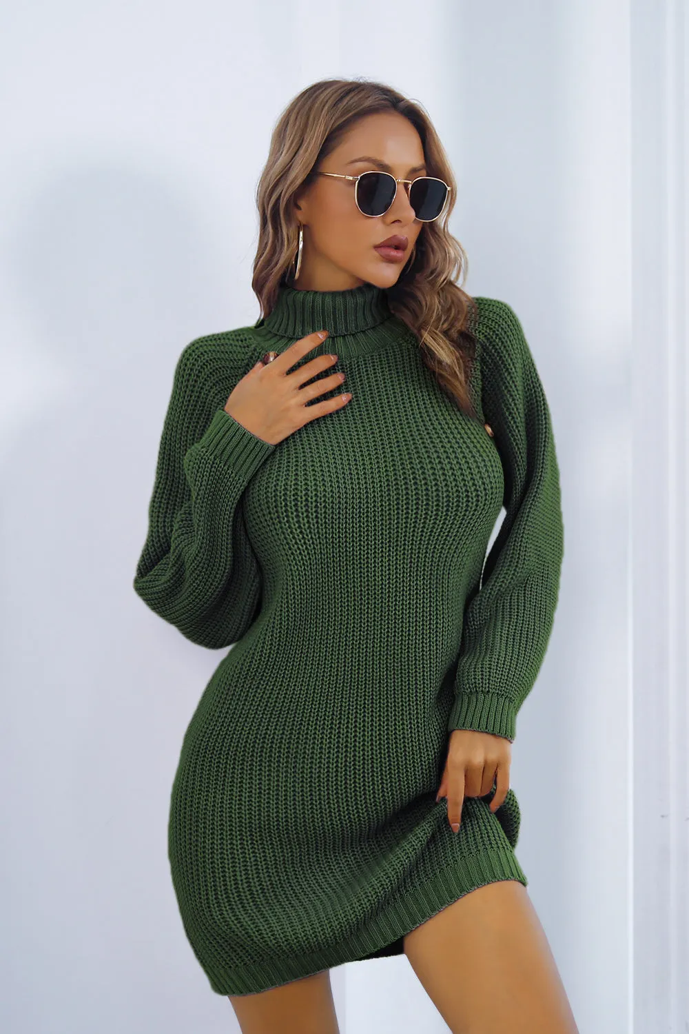 Buttoned Turtleneck Long Sleeve Mini Sweater Dress