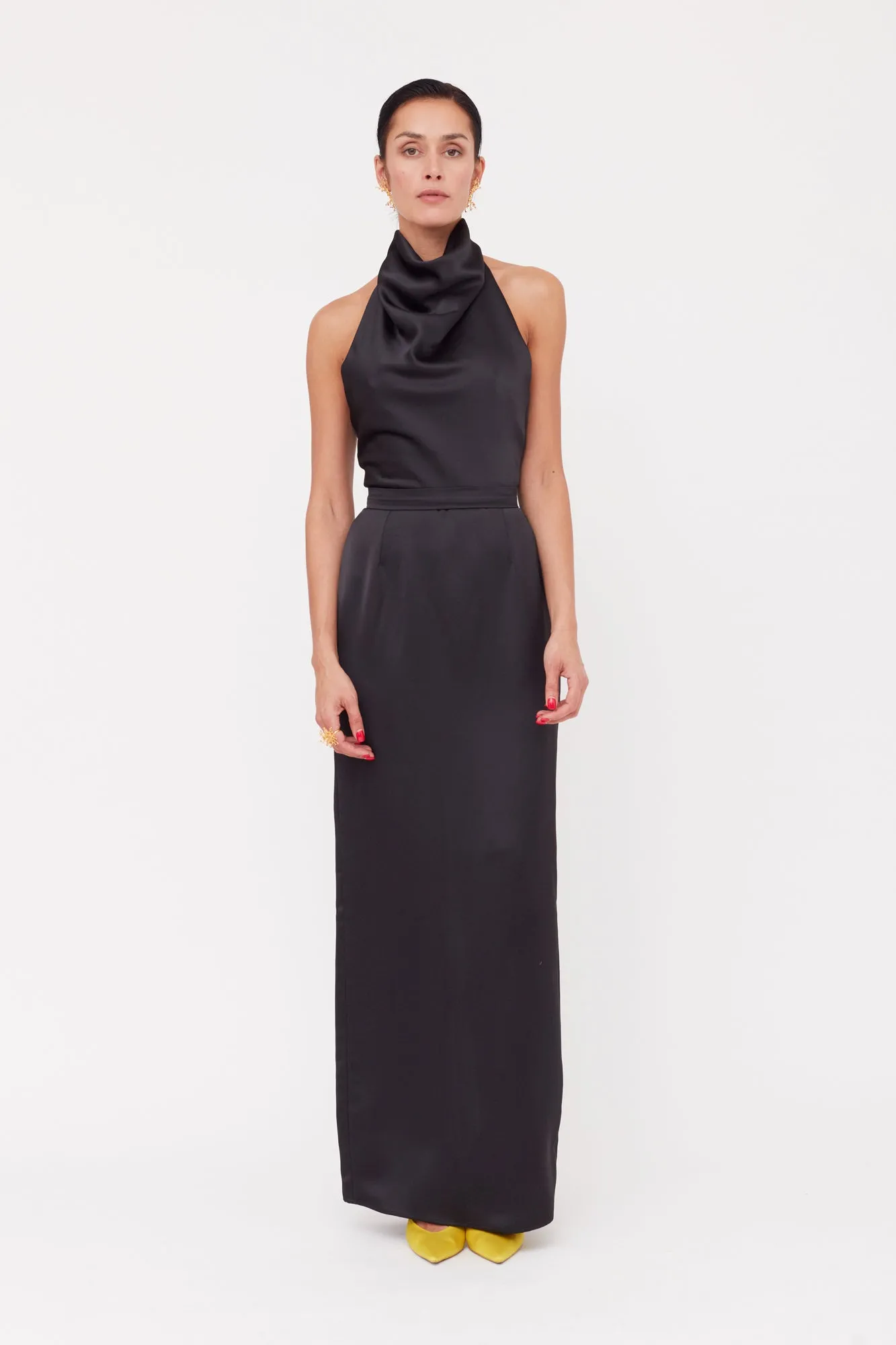 CASANDRA Black Cowl Neck Long Evening Dress