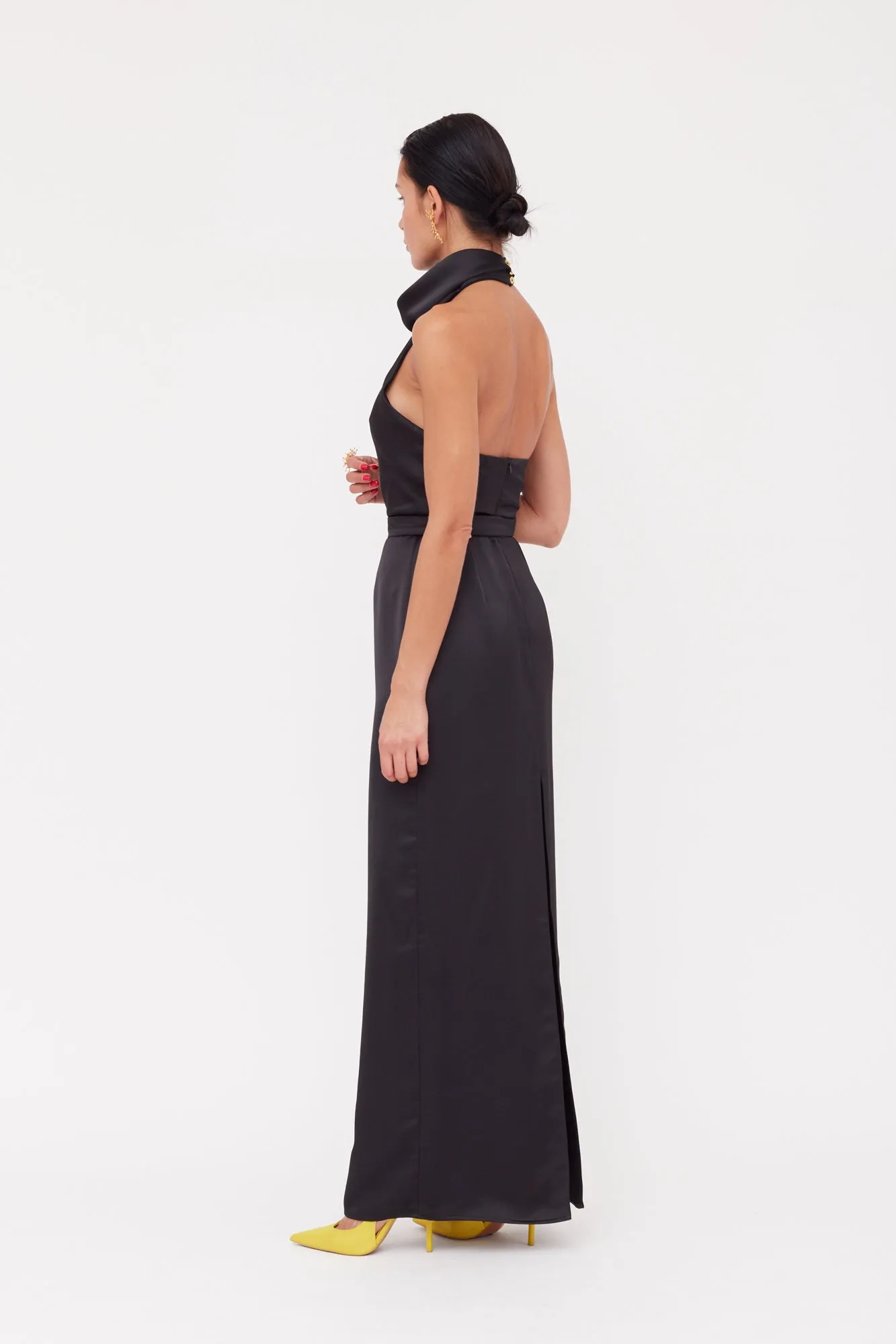 CASANDRA Black Cowl Neck Long Evening Dress