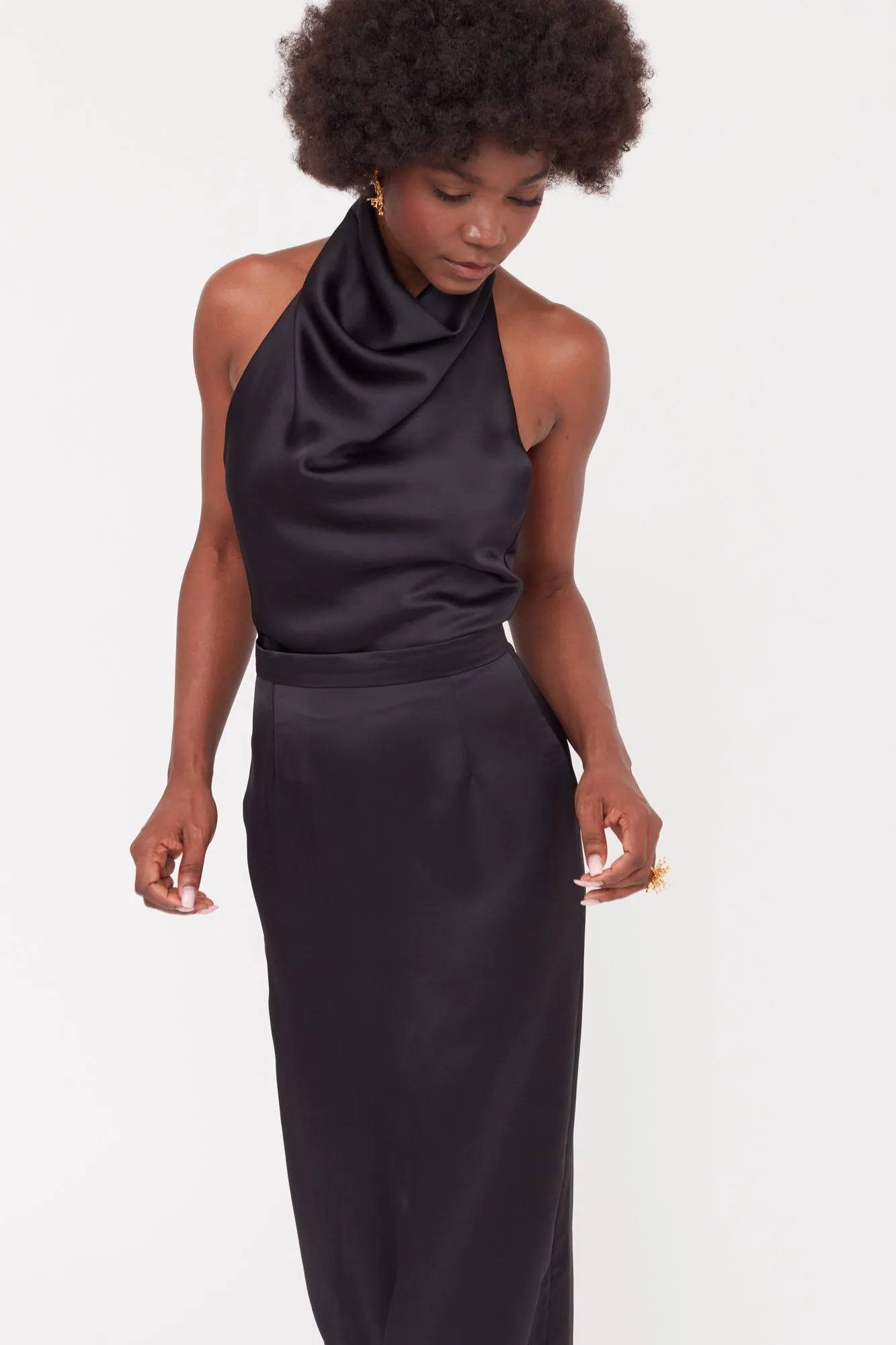 CASANDRA Black Cowl Neck Long Evening Dress