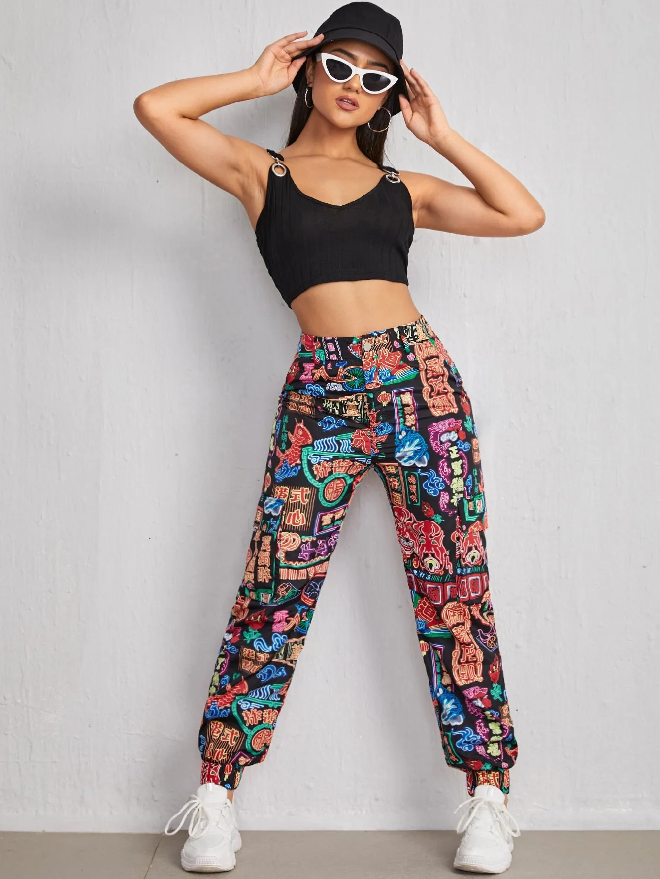 Casual Graphic Zipper Natural Long Women Pants