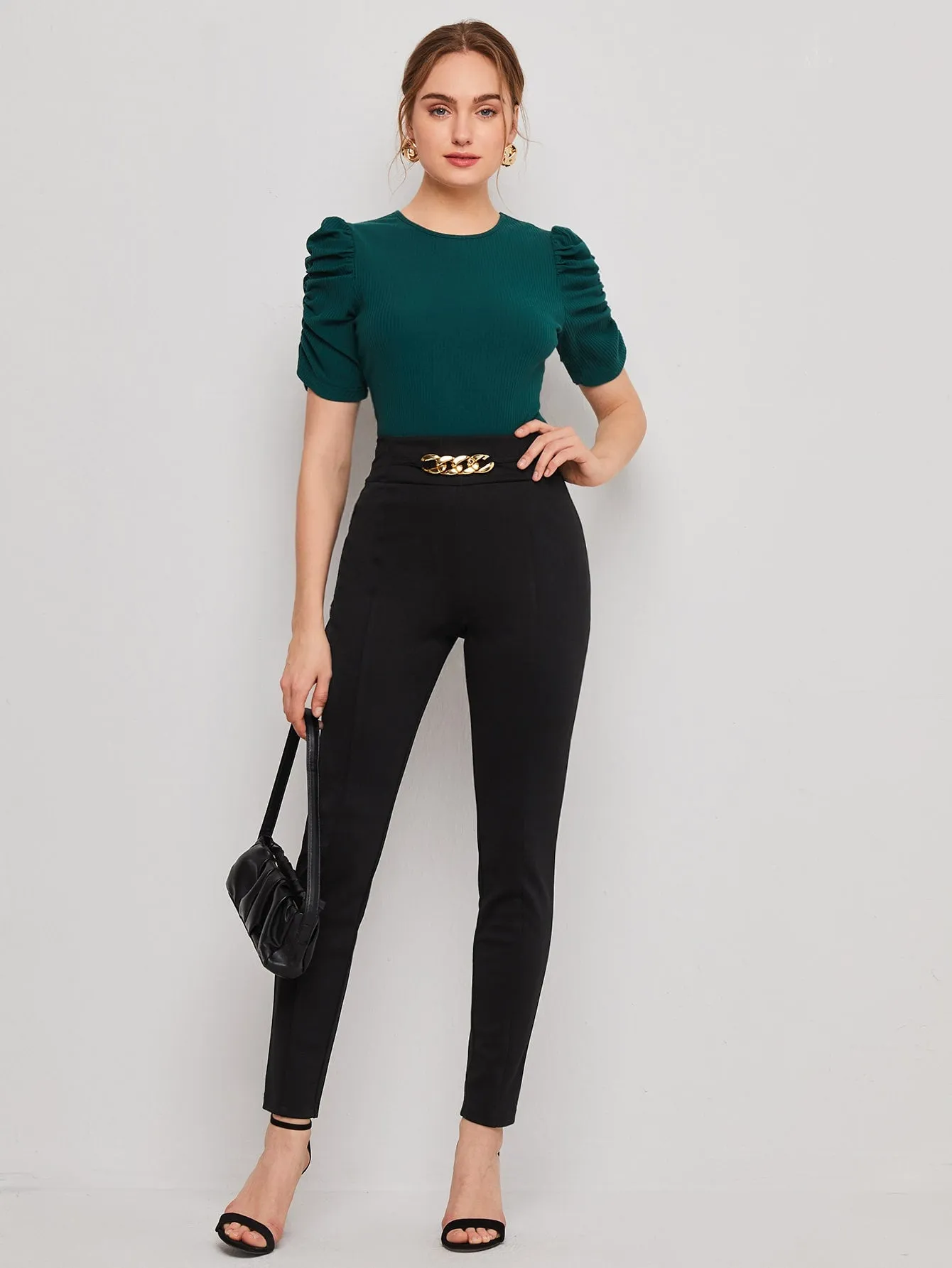 Casual Plain Chain High Waist Long Women Pants