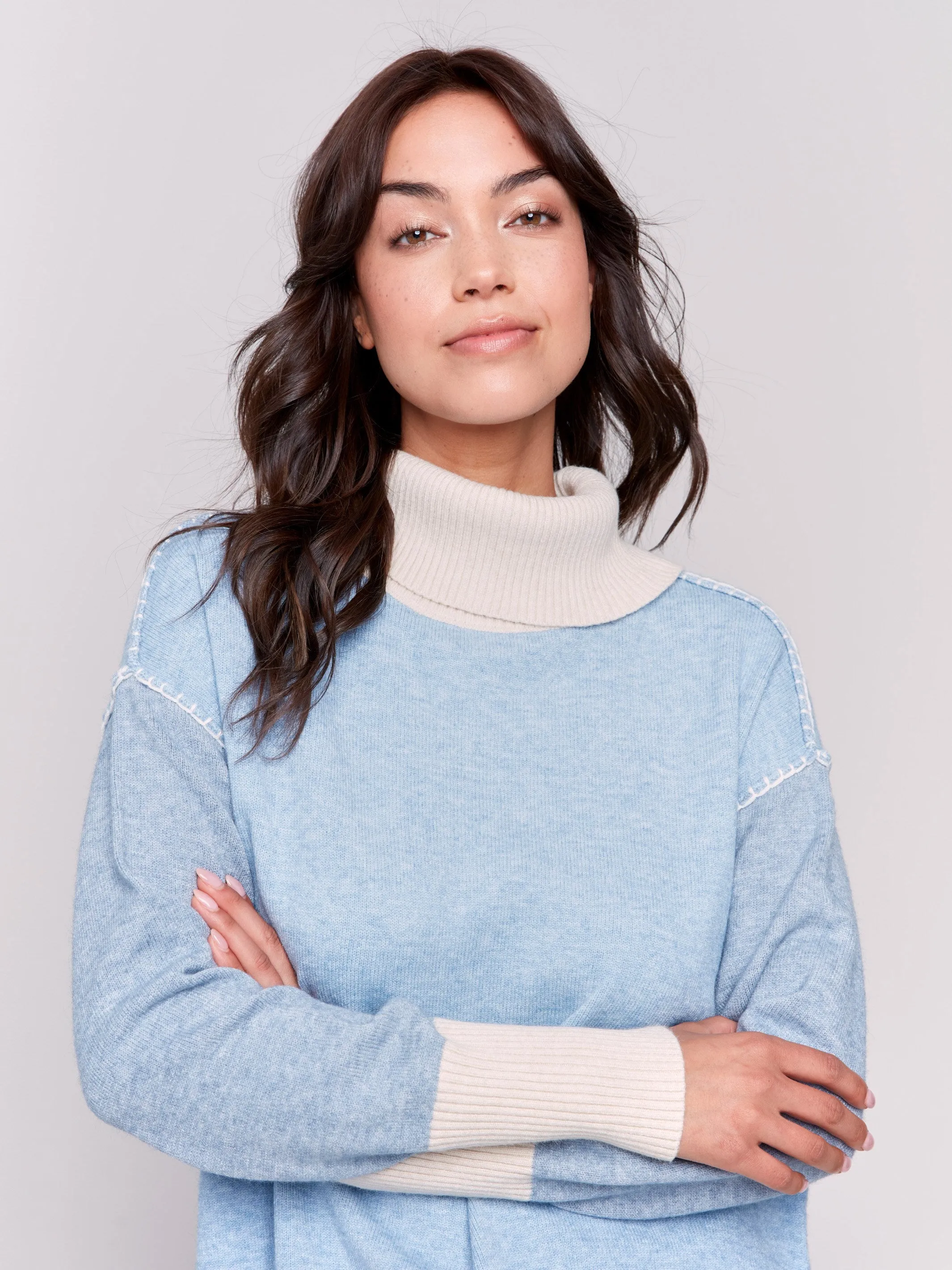 Color Block Turtleneck Sweater - Frost