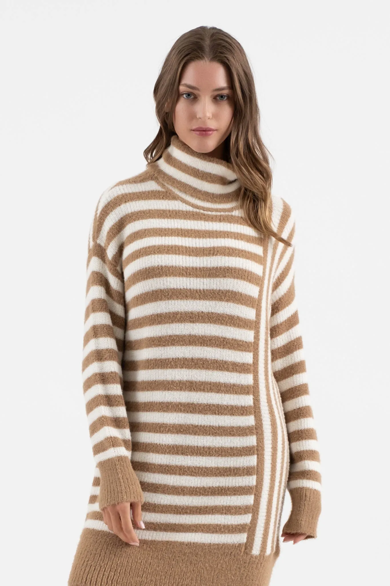 CONTRAST STRIPE TURTLENECK KNIT SWEATER DRESS