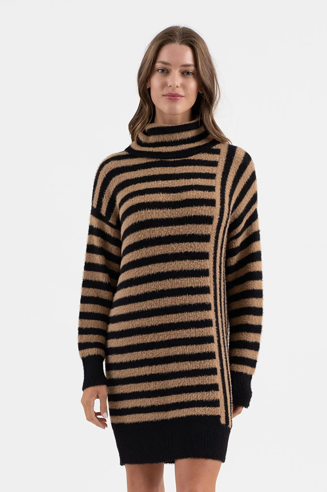 CONTRAST STRIPE TURTLENECK KNIT SWEATER DRESS