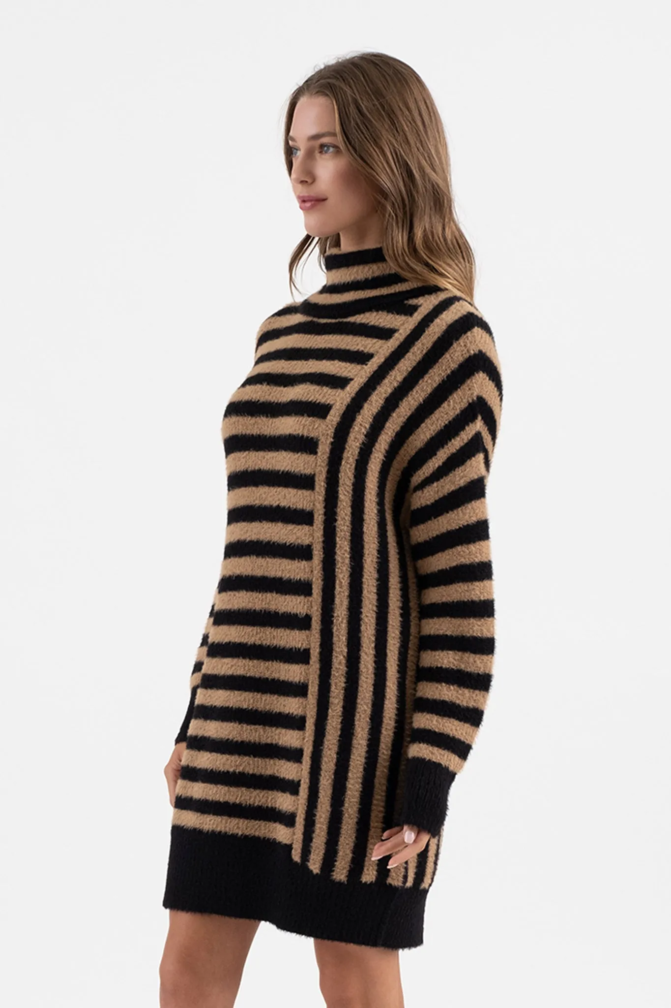 CONTRAST STRIPE TURTLENECK KNIT SWEATER DRESS