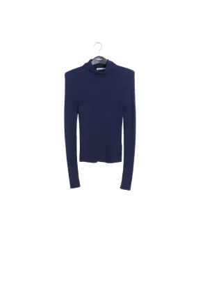 Dark blue merino wool ribbed turtleneck sweater