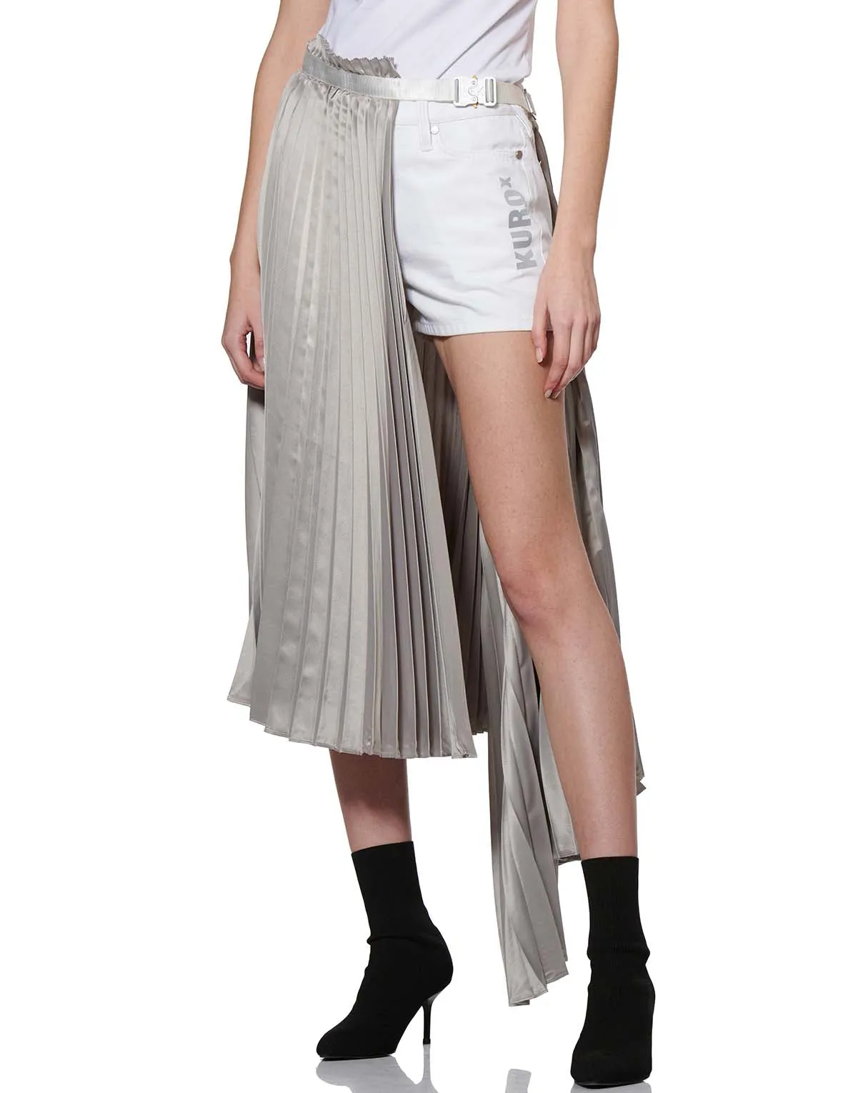 Denim Shorts with Asymmetric Pleated Skirt Overlay