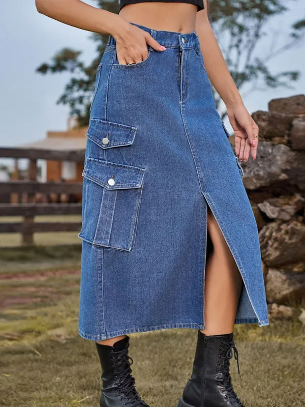 Denim Streetwear Cargo Casual Midi Skirt