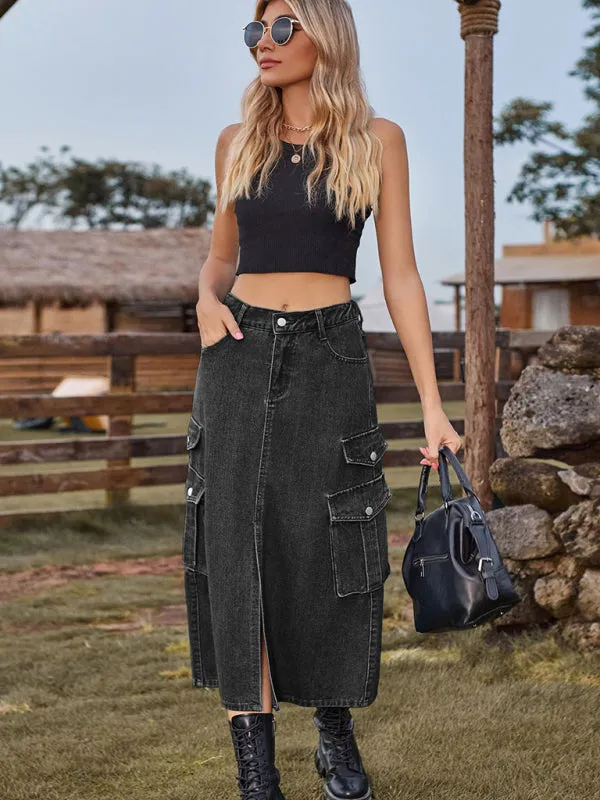 Denim Streetwear Cargo Casual Midi Skirt