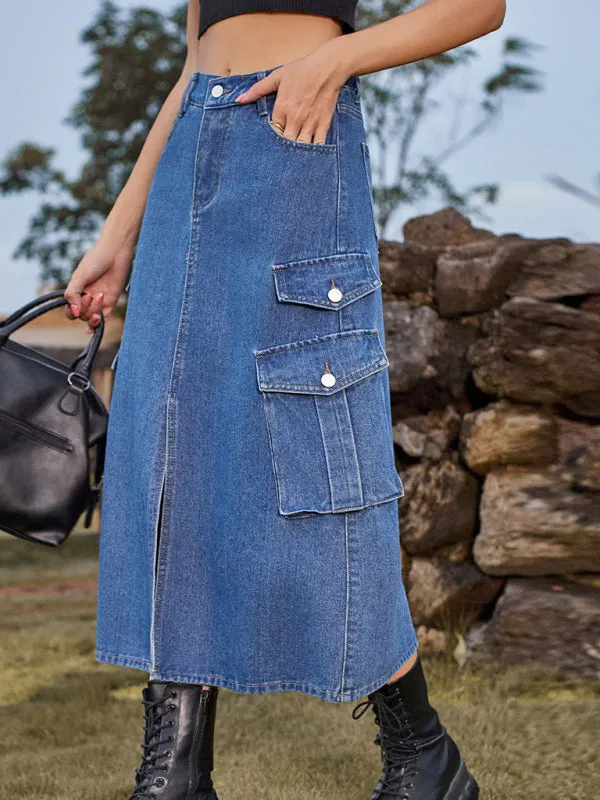 Denim Streetwear Cargo Casual Midi Skirt